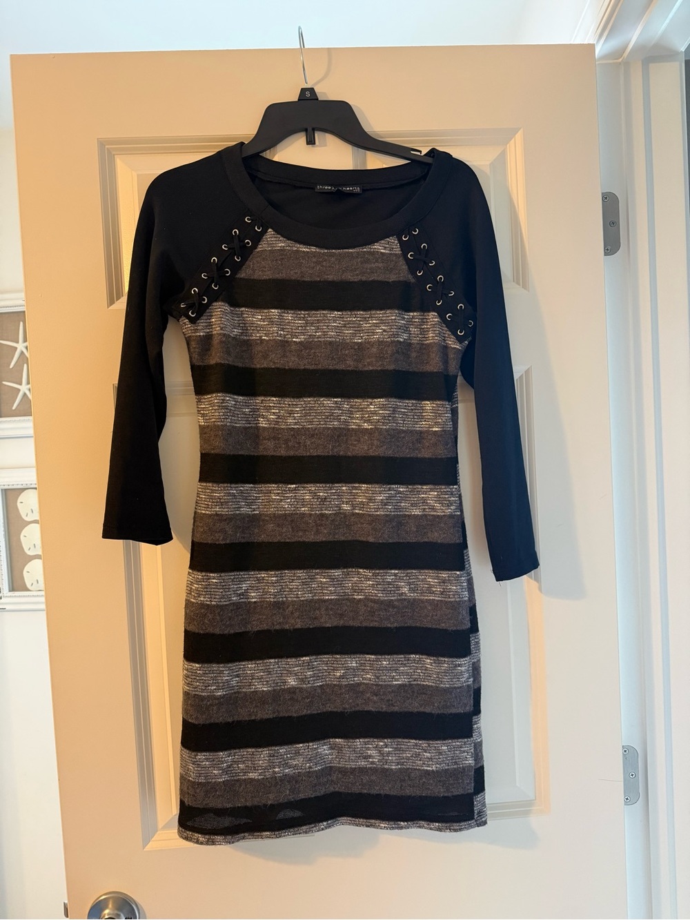 Three Hearts Black and Gray Striped Long Sleeve Knit Dress